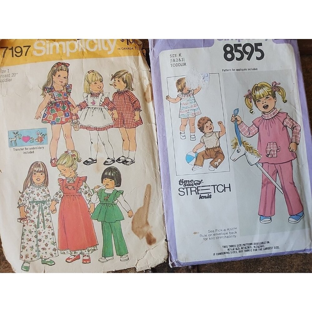 2 Vintage Simplicity Toddler Sewing Patterns 7197 8595 Pants Shirt Skirt Jumper